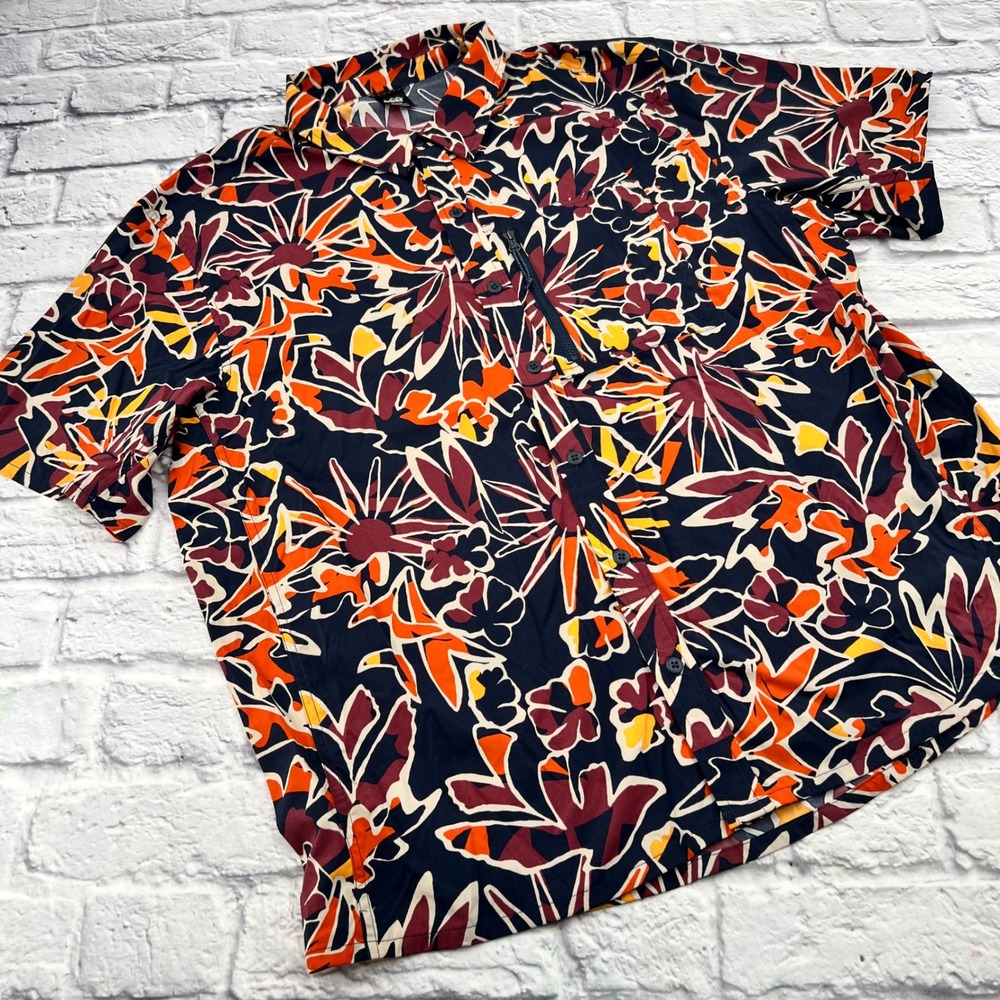 REI Co-op Mens XL Short Sleeve Button Down Shirt Floral Blue Purple Orange Zip
